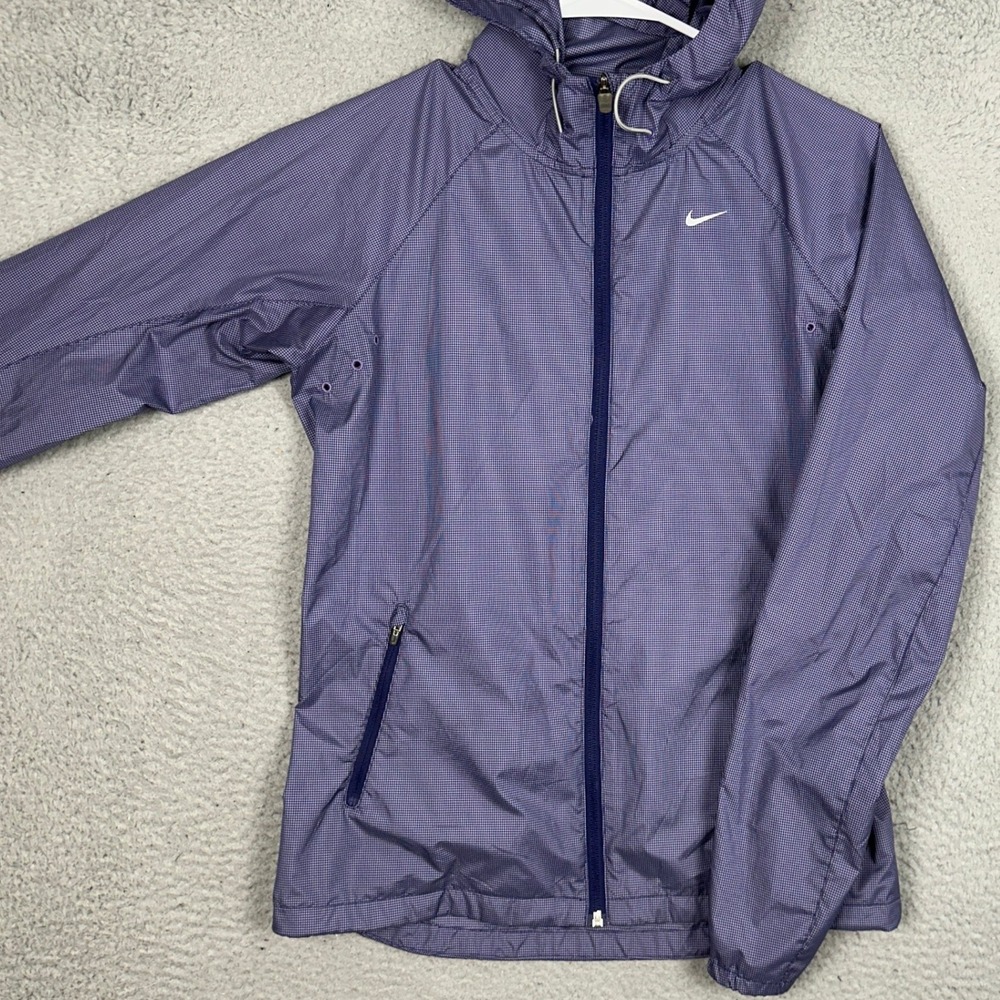 Nike Running Jacket Womens Small Windbreaker Purple Micro-check Full Zip Hooded